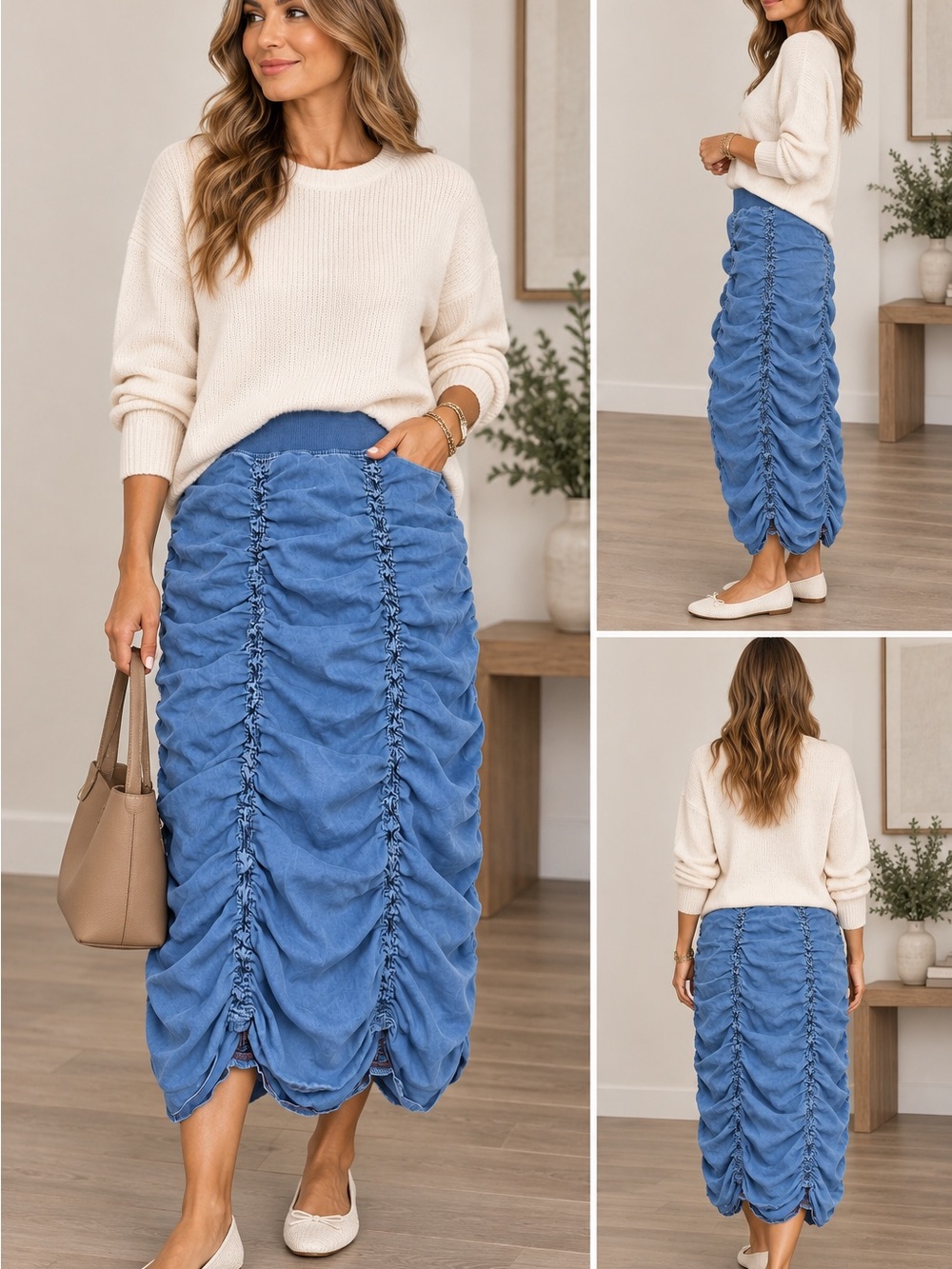 XCVI Mind Set Woman Casual Blue Ruched Tencel Maxi Skirt NWOT S